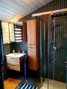 a bathroom with a sink and a glass shower at Bohemian Homes - Buddha in Horní Podluží