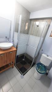 y baño con ducha, aseo y lavamanos. en הבית הירוק - Green House en Arad