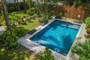 uma vista superior de uma piscina num jardim em Tierra Maya Hotel Spa & Sanctuary em Bacalar