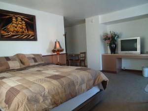 Blue Mountain Motel في Okanogan: غرفة نوم بسرير ومكتب مع تلفزيون
