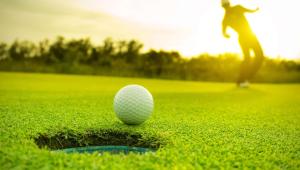 una pelota de golf en la hierba junto a un hoyo en Harbor Winds Hotel, en Sheboygan