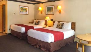 舊福奇的住宿－Adirondack Lodge Old Forge，酒店客房设有两张床和一张桌子。