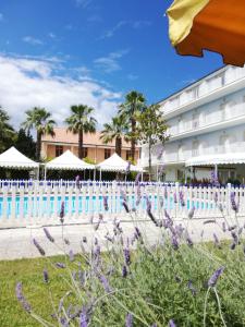 a garden with purple flowers in front of a building at Centro Vacanze Domus M.G. in San Benedetto del Tronto +40 photos