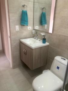 a bathroom with a white toilet and a sink at Hermosa Casa de Descanso en Peñalisa in Ricaurte