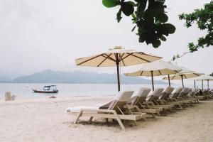 龍目島的住宿－Scallywags Beach Club，海滩上的一排椅子和遮阳伞