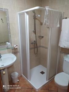 a bathroom with a shower and a toilet and a sink at Antiguo Casino de los Arribes in Fermoselle