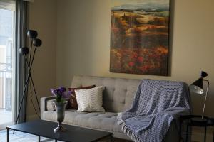 een woonkamer met een bank en een schilderij aan de muur bij Sleepover 1BD 1BA Oklahoma City Apartments in Oklahoma City