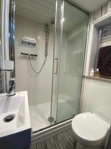 a bathroom with a shower and a toilet and a sink at OurStudio in Beverley