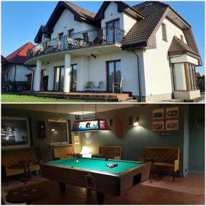 two pictures of a house with a pool table at Dom gościnny u Chudego in Rewal