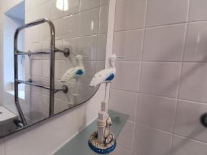 ein Badezimmer mit zwei elektrischen Zahnbürsten in der Dusche in der Unterkunft AnchorageWells Harbour Apartment in Wells next the Sea