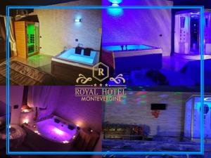 un collage di tre immagini di un bagno con vasca di Royal Hotel Montevergine a Ospedaletto dʼAlpinolo