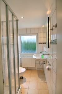 a bathroom with a sink and a toilet and a window at Möwennest in Schönhagen