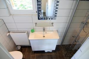 a bathroom with a sink and a mirror at Möwennest in Schönhagen