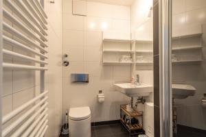 ein kleines Badezimmer mit Waschbecken und Toilette in der Unterkunft Haus Godewind Typ 4 in Binz
