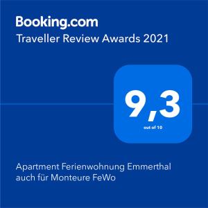 Un certificat, premiu, logo sau alt document afișat la Apartment Ferienwohnung Emmerthal auch für Monteure FeWo