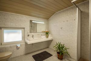 a bathroom with a sink and a toilet and a mirror at Ferienwohnung Brugger 4 Personen in Kaltenbach