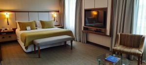 Habitación de hotel con cama y TV en abba Presidente Suites Santiago en Santiago