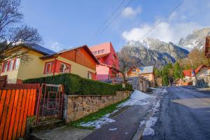una calle en una ciudad con casas y montañas en Pensiunea Sebastian, en Buşteni