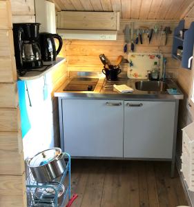 Il comprend une petite cuisine équipée d'un évier et d'une cuisinière. dans l'établissement Tofvehults Boende, à Skaftet