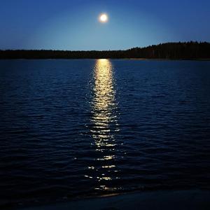 Une lune se levant sur une grande étendue d'eau dans l'établissement Tofvehults Boende, à Skaftet