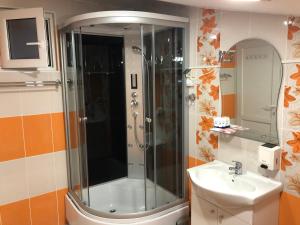 ein Badezimmer mit Dusche und Waschbecken in der Unterkunft Toni Room in Sighişoara + 6 Fotos