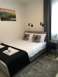 a bedroom with a bed with a black and white blanket at Apartament w Kluszkowcach nad Jeziorem Czorsztyńskim in Kluszkowce