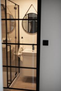 a bathroom with a sink and a mirror at Green Loft Apartament in Biała Podlaska