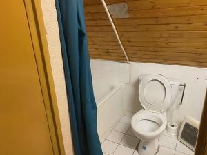 ルションにある33 Boulevard Charles de Gaulleのバスルーム(青いシャワーカーテン付きのトイレ付) +5枚の写真