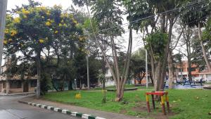a park with trees with yellow flowers on it at Aparta Hotel Victoria In in Bogotá