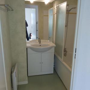 a bathroom with a sink and a shower and a mirror at Résidence mille soleils in Font-Romeu