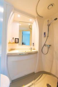 La salle de bains est pourvue d'une douche, d'un lavabo et d'un miroir. dans l'établissement Vandrarhem Kvarntorget, à Uppsala