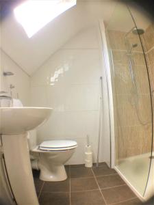 een badkamer met een douche, een toilet en een wastafel bij Hartpury B&B in Hartpury