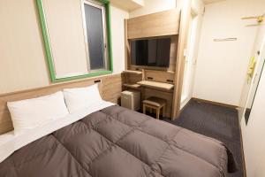 a bedroom with a bed and a desk and a tv at R&B Hotel Higashi Nihonbashi in Tokyo