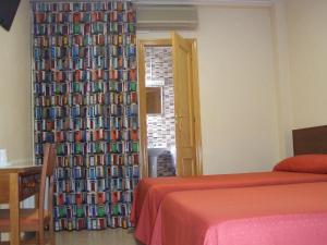 1 dormitorio con cama y cortina con libros en Hostal Casa Juan en Lorca