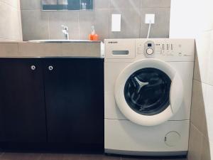 a washing machine in a bathroom with a sink at Blue River - Walonska 9 - private Apartment in Wrocław