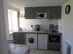 a kitchen with a washing machine and a microwave at Gite LA CHARRETTERIE in Martragny