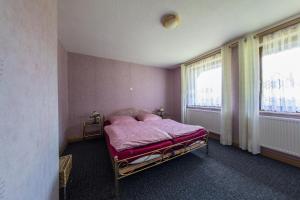 1 dormitorio con cama con sábanas rosas y ventana en Ferienwohnung an der Mainschleuße, en Harrbach
