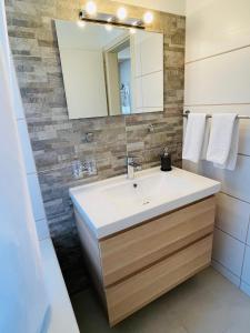 a bathroom with a white sink and a mirror at S&P Mountain View Apartment 1 in Wilderswil
