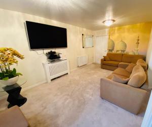 ein Wohnzimmer mit einem Sofa und einem Flachbild-TV in der Unterkunft Birmingham Guesthouse in Birmingham