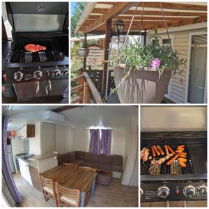 a collage of four pictures of a kitchen and a barbecue at La Carabasse / Mazet 69 in Vias
