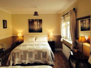 een slaapkamer met een bed, 2 lampen en een raam bij Rockmount House B&B in Clifden