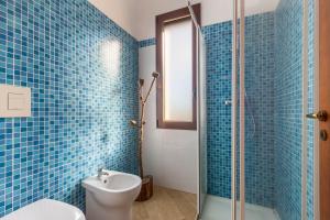 サンタ・マリア・アル・バーニョにあるVilletta Roberta Iの青いタイル張りのバスルーム(トイレ、シャワー付)