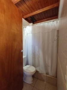 a bathroom with a toilet and a shower curtain at Posada Costa del Sol in Colón