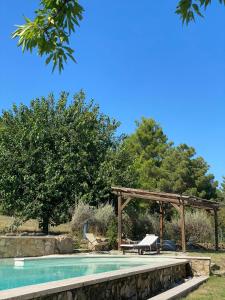 a swimming pool with a wooden pergola and a picnic table at Agriturismo Le Pellicce in Riparbella