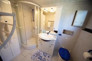 a bathroom with a sink and a shower and a toilet at Rhön Häuschen in Bischofsheim an der Rhön +23 photos