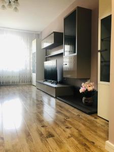 een woonkamer met houten vloeren en een televisie bij Sighisoara apartment in Sighişoara