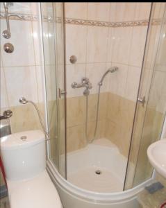 La salle de bains est pourvue d'une douche, de toilettes et d'un lavabo. dans l'établissement Apartman SARA Babanovac Vlašić, à Travnik