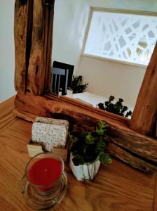 einen Tisch mit einer Tasse Tee und Pflanzen darauf in der Unterkunft Apartman HANA in Travnik