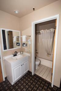 a bathroom with a sink and a toilet and a mirror at FairBridge Inn - Coeur d'Alene in Coeur d'Alene