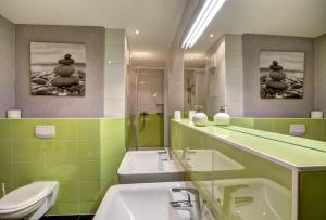 ein Badezimmer mit Waschbecken, Toilette und Spiegel in der Unterkunft Der Landhof Windflüchter in Stolpe auf Usedom